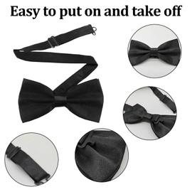 MADGININE Bow Tie 2 PCS Bow Ties for Men Adjustable Black Bow Tie,Black Bow Ties for Men Satin Tux Bowtie Clip on Bow Tie Suitable for Party Wedding Comes with 2 Pocket Squares(Black)