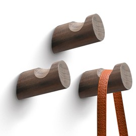 LoengMax Wood Wall Hooks,3 Pack Coat Hooks Wall Mounted, Modern Hat Hooks for Wall, Wall Hanger for Hanging Coat Towel Hat Bag Robe Jacket Clothes (Walnut Wood)