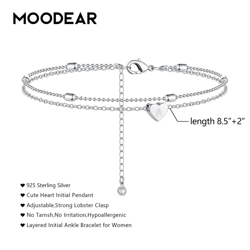 Moodear Silver E Initial Ankle Bracelets for Women - Waterproof