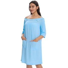 Women's Post Surgery Hospital Gown – Magnetic Shoulder Closures, Side Snaps, Pockets, Ruched Bust Adaptive Recovery Dress Sky Blue