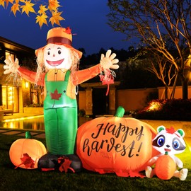 DomKom 6FT Long Thanksgiving Harvest Inflatable Scarecrow Outdoor Decoration，Build-in LED Lights Holiday Blow Up Yard Decoration for Fall/Thankgiving Party,Garden Yard Lawn Decor.