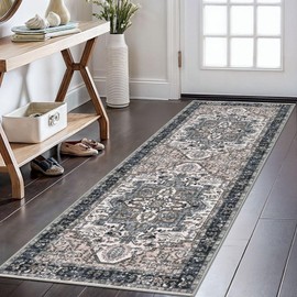 KOZYFLY Runners for Hallways 2x6 Ft Washable Kitchen Runner Rug Boho Runner Rug for Entryway Indoor Printed Oriental Faux Wool Floor Carpet Runner for Bedroom Kitchen Hall, Black/Taupe/Beige