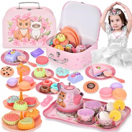 Nasjac Juego de Té para Niñas, 56 Piezas Juguete de Postre Fiestas Té, Comida de Cocina Juguete con 6 Piezas Princesa Vestirse, Tetera de Hojalata, Postres y Maletín de Transporte para 4+ Años Niños