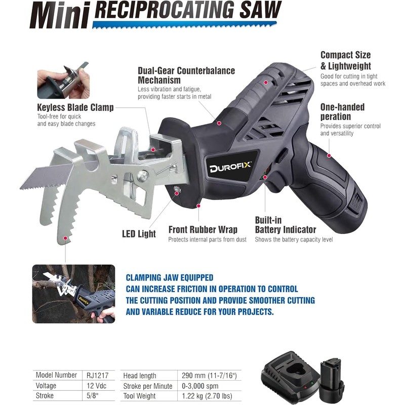 Durofix RJ1217-TG G12 Series 12V Cordless Mini Reciprocating Saw Kit