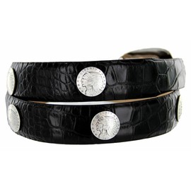 Indian Head Coin Concho Italian Calfskin Genuine Leather Belt 1-1/8"(30mm) taper down to 1"(25mm) wide (Alligator Black, 42)