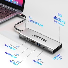 ESSAGER Concentrador USB C 8 en 1 con Carcasa SSD M.2 NVMe/SATA de 10 Gbps, 4K HDMI 1.4, USB 3.2 Gen2, PD100W, aleación de Aluminio USB C SSD para M.2 NVMe y SATA SSD