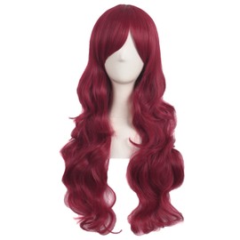 MapofBeauty 70 cm Wig with Side Parting Fringe, Charming, Women’s Long Curly Full Hair Wavy Wig (Blood Red)