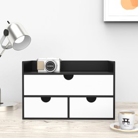 Wisuce Desk Organizer with Drawers - Bamboo Desktop Organizer Storage | Black-White Wood Desk Makeup Dresser Top Organizer for Cosmetics No Assembly Required