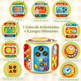 9 Caras Cubo con Asa - Juguetes Montessori para Niños, Juguetes Sensoriales 15 Formas de Jugar, Tocar Tambor con Luz, Xilófono, Golpear Topos, Pescar Gatos, Hacer Llamadas Telefónicas