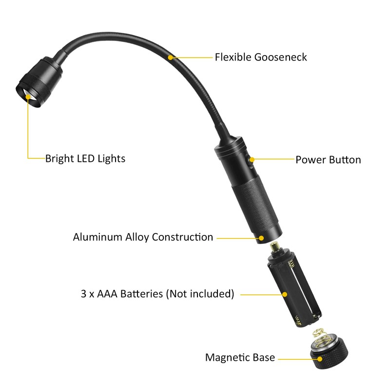 LED Work Light, Gooseneck Flashlight with Magnetic Base, Zoomable Flexible