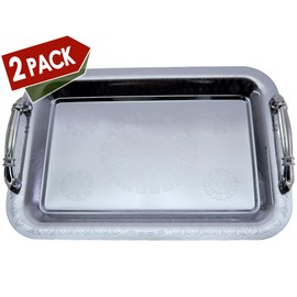Maro Megastore (Pack of 2) 11.4 inch x 7.9 inch Oblong Chrome Plated Mirror Silver Serving Tray with Handles Stylish Design Floral Engraved Party Birthday Wedding Buffet Wine Platter Plate CC-1052