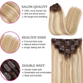 ORIGEN Clip in Hair Extensions Real Remy Human Hair Light Brown Ombre Ash Blonde Mix Platinum Blonde Balayage Hair for Women 120g 7 Pcs 20 Inches