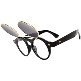 OWL Steampunk Retro Gothic Vintage Colored Metal Round Circle Frame Sunglasses Colored Lens (Flipup_C2_Black_Gold_Smoke, PC Lens)