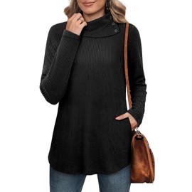 Bulotus Turtleneck Sweaters Women,Womens Fall Fashion 2025 Cowl Neck Long Tunic Tops for Women Loose Fit Dressy Thin Lightweight Black Sweaters Winter with Side Pockets Work Professional Black,M