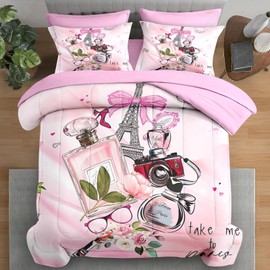 Pamnest Comforter Set Full Size, Paris Eiffel Tower 7 Pcs Bedding for Kids and Adults, Vintage Cute Pink Girls Bed Sheet Sets with Fitted Sheet 2 Pillowcases & 2 Shams for Bedroom Bed Decor