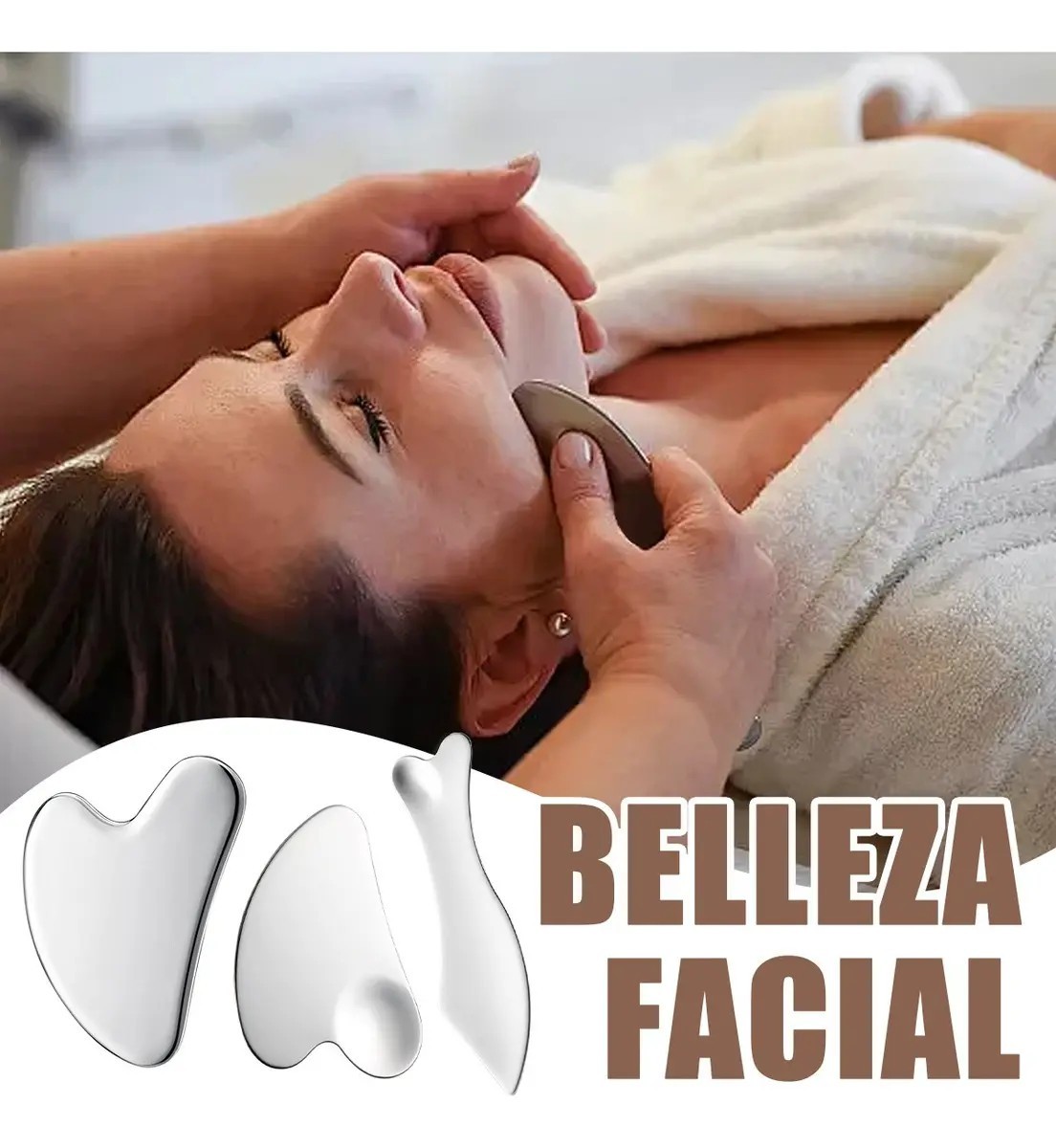 Kit 3 Piezas Guasha Facial Acero Inoxidable Masajes Cuello