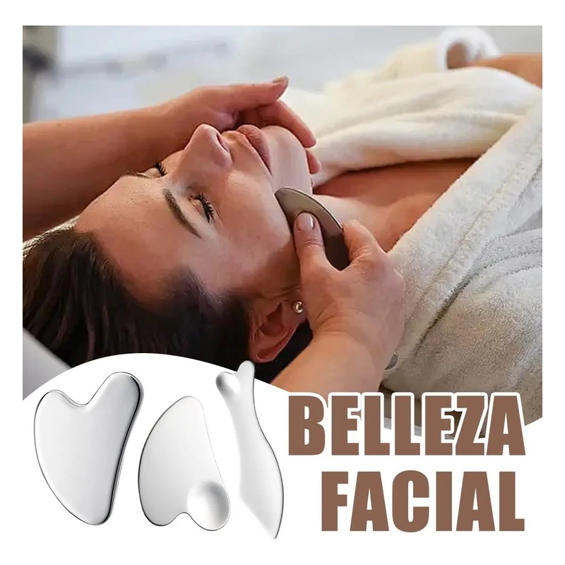 Kit 3 Piezas Guasha Facial Acero Inoxidable Masajes Cuello