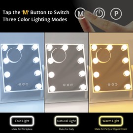 Fabuday Lighted Vanity Makeup Mirror with Lights Hollywood Cosmetic Mirror with 9 Dimmable LED Bulbs for Dressing Room Tabletop, 3 Color Lighting, Detachable 10X Magnification Mirror, White