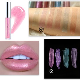 Glitter Lip Gloss Lipstick, Diamond Metallic Pink Coral Shimmer Lipgloss Liquid Lipstick Long Lasting Waterproof Non-Stick Cup Sparkle Shiny Lip Plumper Tinted Lip Balm for Women