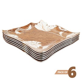 BIG HORN 10 Inch Dinnerware Square Shaped Elegant Melamine Plates (Brown Floral) - 6 Pcs/Set