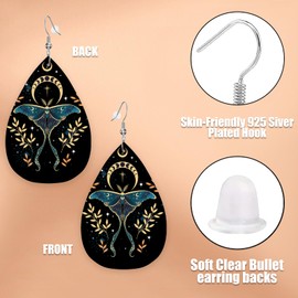 Boho Butterfly Moon Blue Leather Earrings Set | Lightweight Faux Leather Teardrop Dangle Earrings | Teardrop Jewelry Earrings