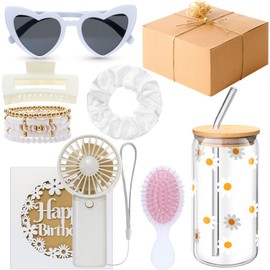 Zeyune 10 Pcs Birthday Gifts For Women Teen Girl Her Happy Birthday Gift Set Ideas for Friend Sister Daughter Coworkers Families Cute Daisy Aesthetic Glass Cups Present Set(White)