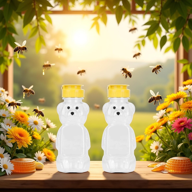 2Pcs Yellow 8 Oz Plastic Bear Honey Bottle Jars, Empty