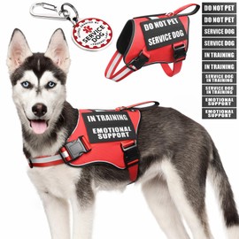 MOOGROU Service Dog Vest Harness+ID Tag+10 Patches,Metal Serivce Dog Tag&Reflective Emotional Support Dog Vest with Handle for Medium Dogs,Easy Put On/Off for Training/Walking/Everyday Red M