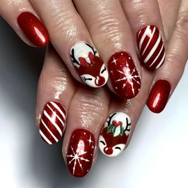 Christmas Press On Nails Almond Medium, 24pcs Christmas Fake Nails Stick Glue On Nails Red Base with Cartoon Reindeer and Xmas Striped Designs Christmas Nail Accessories for Women Girls