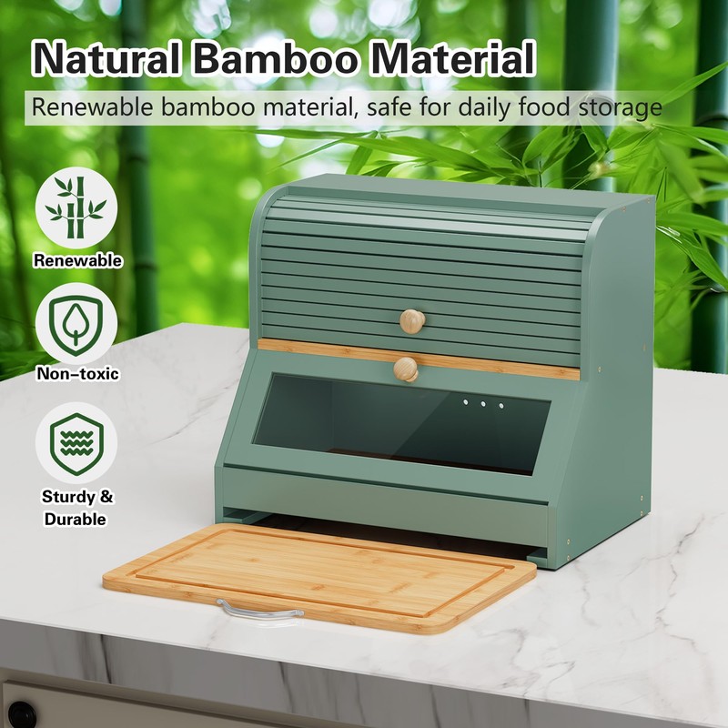 HOLTICO Roll Top Bamboo Bread Box with Cutting Board for