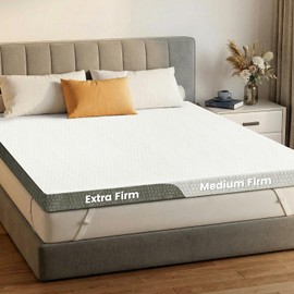 Extra Firm Mattress Topper Queen: 3 Inch Dual Firmness Flippable, Left Medium Firm & Right Extra Firm, High Density Foam for Back Pain, Washable Anti-Slip Cover, Oeko-TEX CertiPUR-US Certified, 80x60