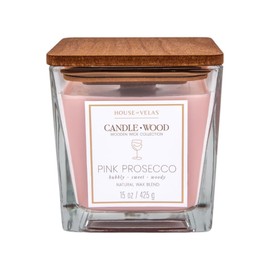 House of Velas Candle Wood Collection, 15 oz, 1 Wooden Wick, Pink Prosecco, Square Glass Jar Candle
