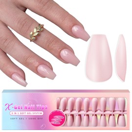 SXVME Soft Gel Nail Tips Medium Coffin Gel X Nails, 300Pcs Pre-applied Tip Primer Gel X Nail Tips, Natural Pink Colored Gel Tips Acrylic Fake Nails Extensions False Nails Press ons for Easy DIY