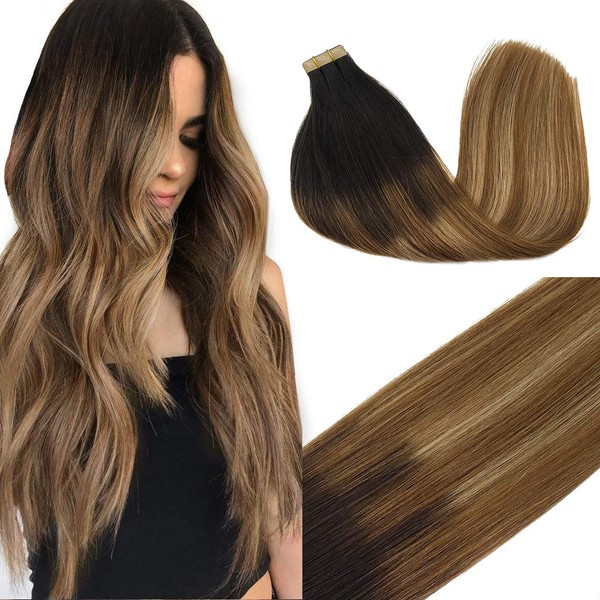 GOO GOO 22inch Tape in Human Hair Extensions Balayage Dark Brown to Chestnut Brown and Dirty Blonde Ombre Remy Hair Extensions Tape in Straight Skin Weft 50g 20pcs