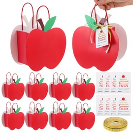 Kolldenn 17 Pcs Back to School Bag Set with 8 Apple Shaped Gift Bags 8 Thank You Cards and 1 Roll Ruler Ribbon for Teacher Appreciation Gift Kindergarten Preschool Welcome Back Party Favor