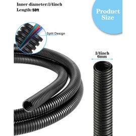 1/4 Inch Wire Loom Split Tubing - 50ft Cord Protector Electric Wires Covers, Automotive Wire Flexible Conduit, Plastic Wire Cover