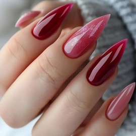 RIICFDD 24 Pcs Rose Red Press on Nails Long Almond Fake Nails Bling Sparkly False Nails Solid Color Designs Nails Glossy Acrylic Nails Full Cover Spring Summer Glue on Nails for Women and Girls