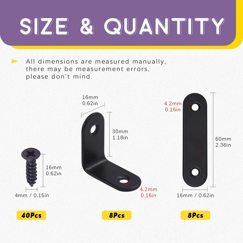 Swpeet 56pcs Black Stainless Steel Corner Struts Set Metal L