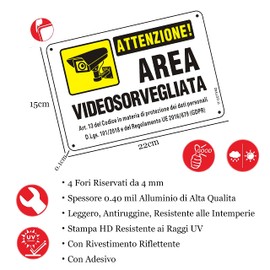 Cartello Videosorveglianza Alluminio Riflettente Cartello Area Videosorvegliata GDPR with Autoadesivo e Fori Preforati, 22 x 15 cm Cartello Sorveglianza Metallo per Casa e Negozio, Interno ed Esterno