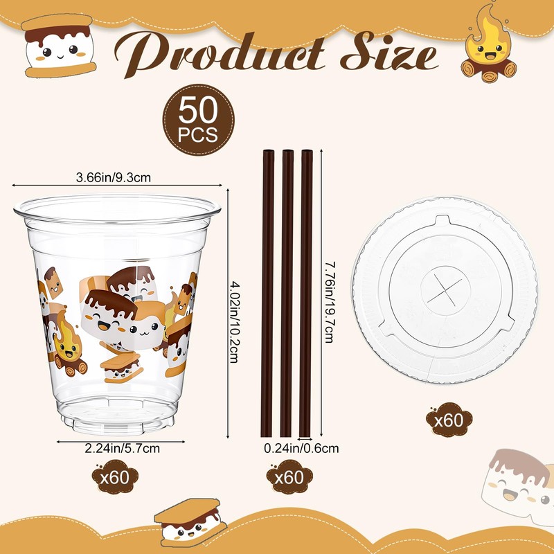 Sliner 50 Pack S'mores Party Supplies Plastic Cups with Lids