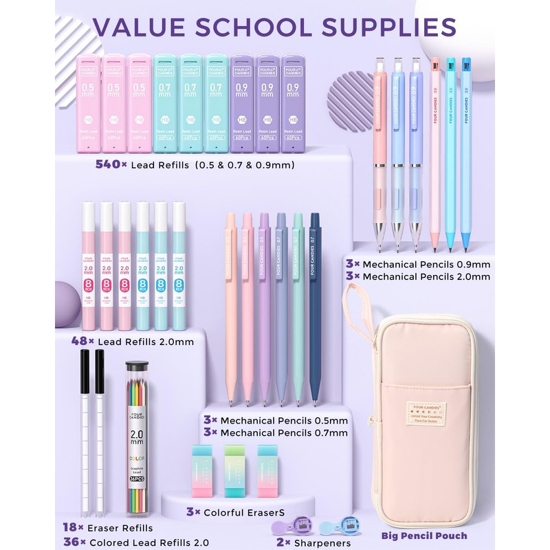Four Candies 36PCS Aesthetic School Supplies, Mechanical Pencils 0.5mm, 0.7mm,