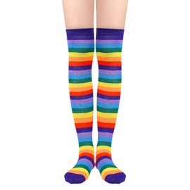 Womens Thigh High Socks Rainbow Knee High Socks Striped Stockings Over The Knee Long Socks Costume 1 Pack Purple Rainbow