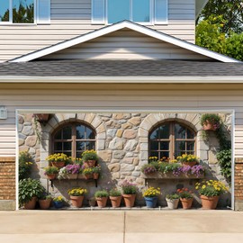 13x6ft Charming Cottage Garden Garage Door Flag, Potted Flowers and Stone Wall Decorative flag - Rustic European Style Home Exterior Decoration
