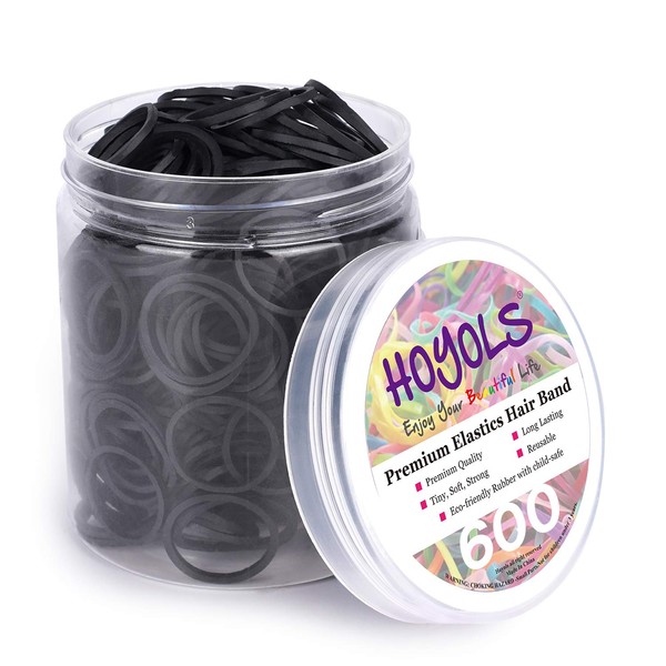 3/4” Inches Black Hair Rubber Bands for Hair Ties Small Elastics Bands Large Hair Braiding Ponytail Holders for Baby Toddler Girls Kids Thick Hair Mini Bands No Damage 600pcs (M) HOYOLS Latex-Free