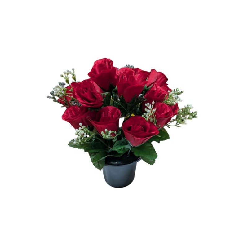 INERRA Cemetery Grave Flower Pot with Artificial Red Rosebud Roses