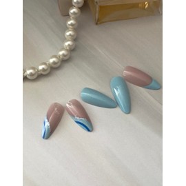 Fast Nails Press On Nails- 24 Pieces Ocean Dream Blue Wave Mixed Glitter Art Design Nail Medium Almond Reusable Nail Kit with Adhesive Tabs