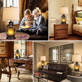 Hamucd Set of 2 Rustic Living Room with 2 USB Port and Outlet,Farmhouse Table Bedside Lamps for Bedroom,Vintage Cottage Nightstand Lamps with Nightlight Miner Lantern