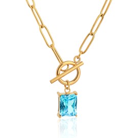 TaYolnFaSo Emerald-cut Aquamarine Pendant Paperclip Chain Necklace 18K Gold Plated Paperclip Toggle Necklace Blue Aquamarine Jewelry March Birthstone Gift for Women