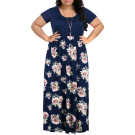 Nemidor Plus Size Maxi Dresses for Curvy Women Casual Summer Short Sleeve Chevron Print Long Dress with Pocket 14-26(155,18,Navy Print)