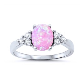 DoubleAccent Sterling Silver Oval Simulated Pink Opal Engagement Ring 8mm (Size 4 to 10), 10